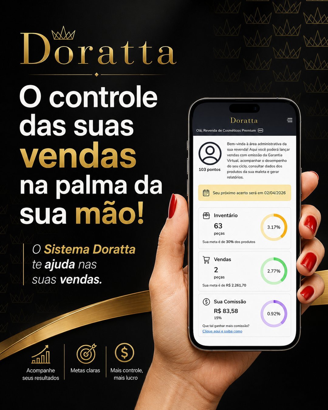 Sistema Doratta no celular: controle de vendas e comissões da revenda de semijoias